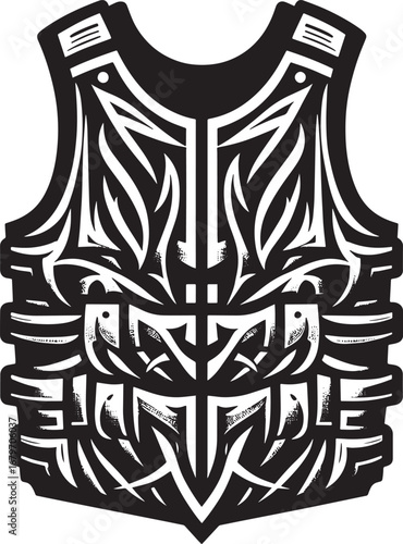 Intricate black and white illustration of a stylized military tactical vest design