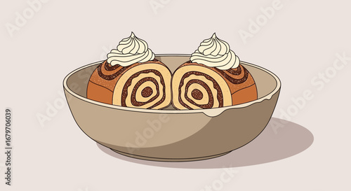 Delicious cinnamon rolls with cream in a bowl illustration for food marketing