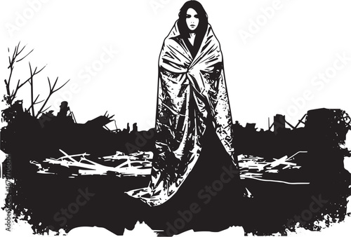 Woman Wrapped in Emergency Blanket Amidst Post-Apocalyptic Destr