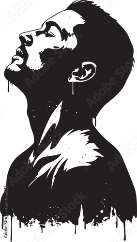 Monochrome portrait of a man gazing upwards with dripping paint