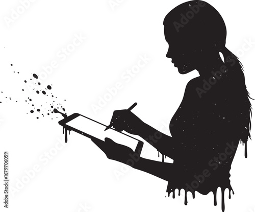 Silhouette of a creative woman sketching on a digital tablet wit