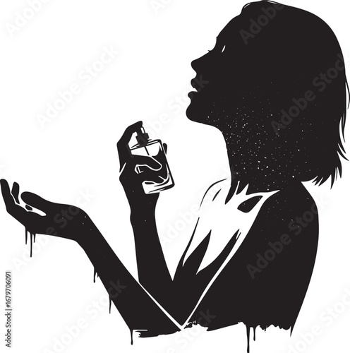 Elegant silhouette of a woman applying perfume against a clean b