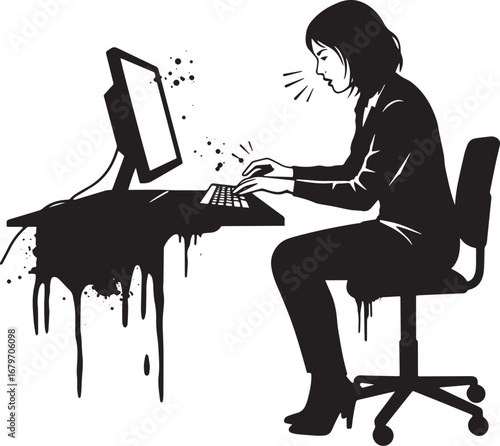 Stylized monochrome illustration of a woman typing at a computer