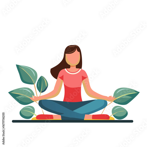 Woman meditating in lotus position with green plants - Mindfulness exercise
