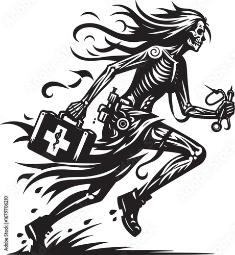 Artistic depiction of a skeletal figure running with medical supplies, black and white illustration