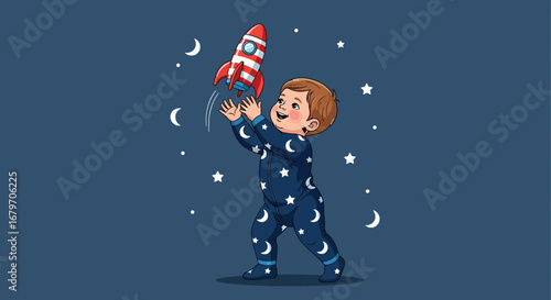 Dreamy Child Reaching For a Rocket Depicting Whimsical Flight and Playful Imagination