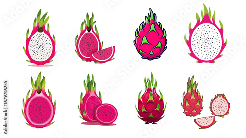 Vibrant collection of dragon fruit illustrations showcasing various cuts and colors