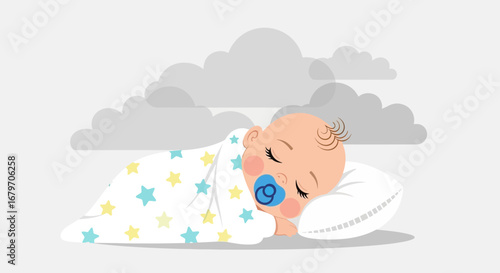 Dreamy Infant Sleeps Peacefully Under Starry Blanket, Peaceful Clouds Above