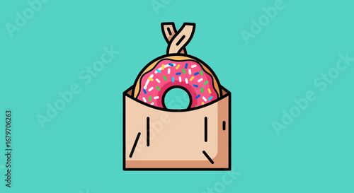 Delicious Donut Delighted Inside a Classic Paper Bag Aesthetic Illustration