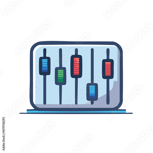 Illustration of audio mixing board with colorful sliders representing sound levels