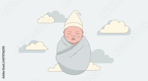 Dreamy Newborn Swaddled in Blanket Adrift Among Gentle, Pastel-Colored Clouds Illustration