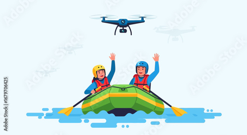 Drone Surveillance Of People Whitewater Rafting In Inflatable Raft Representing Adventure