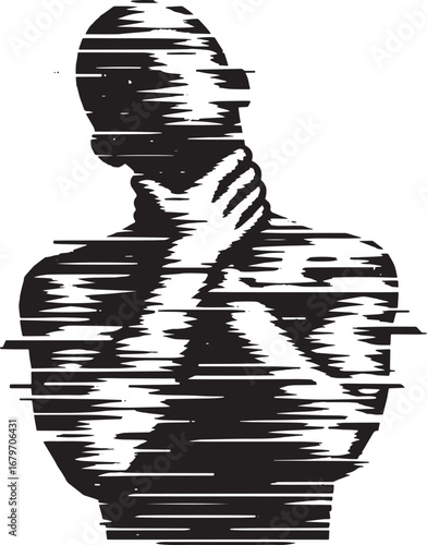 Abstract artwork depicting a person with hand on neck, representing pain or introspection
