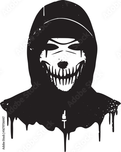 Abstract depiction of a hooded figure with a sinister mask and d