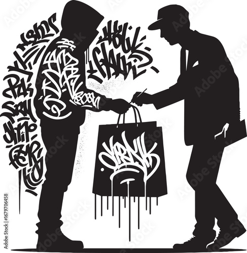 A stylized illustration of a transaction involving a shopping bag and graffiti art elements