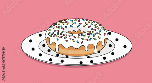 Delicious Donut With Colorful Sprinkles on Polka Dot Plate and Pink Background