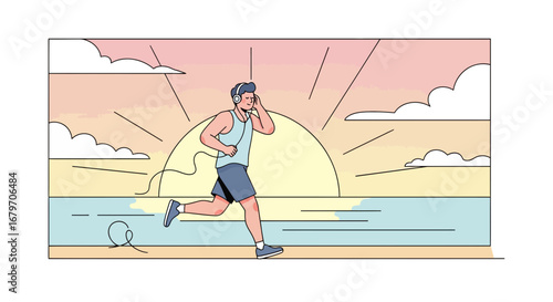 Dynamic Athlete Running With Headphones Against The Colorful Sunset on the Beach