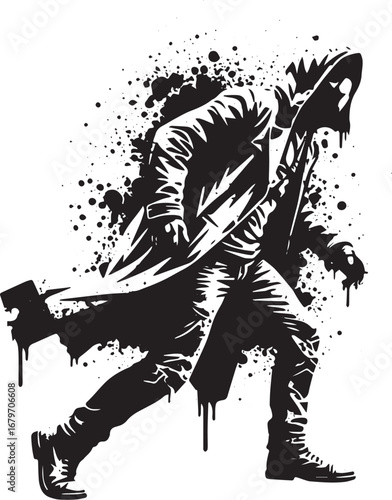 Urban silhouette of a hooded figure in motion with dynamic ink s