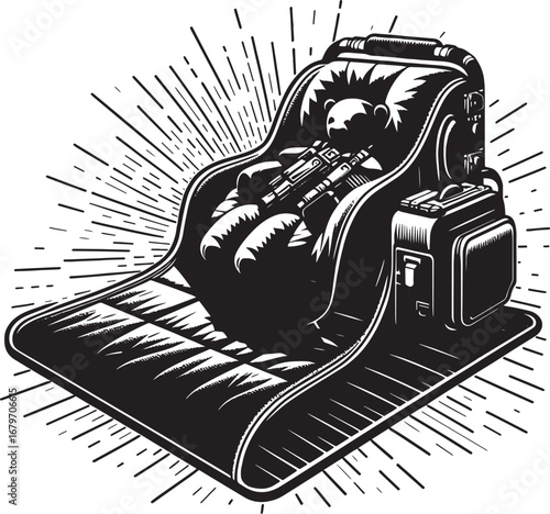 Illustration of a baby car seat with a teddy bear and a safety harness design