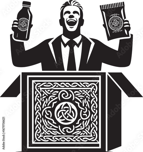 Enthusiastic Man Celebrating with Bottle and Packet emerging from ornate Box minimal 50 character