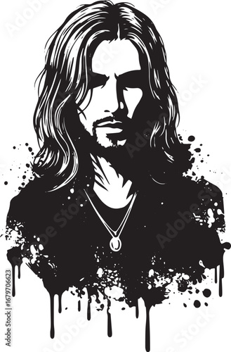 Monochrome portrait of a long-haired man with ink splatter effec