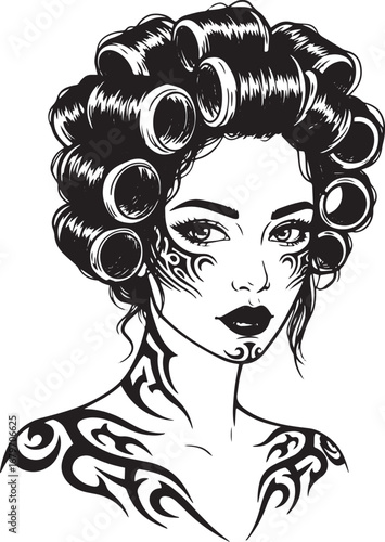 Intricate monochrome illustration of a woman with hair rollers a