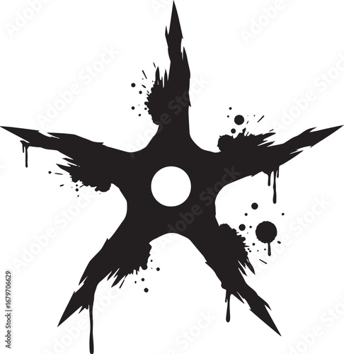 Distressed ninja star icon with dripping ink effect against whit