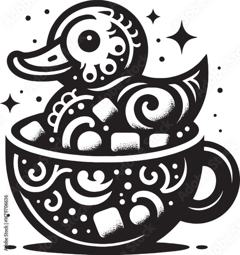 Whimsical Black and White Illustration of a Decorative Duck Floating in a Cup of Cocoa