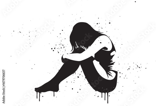 Silhouette of a woman sitting with her head resting on her knees