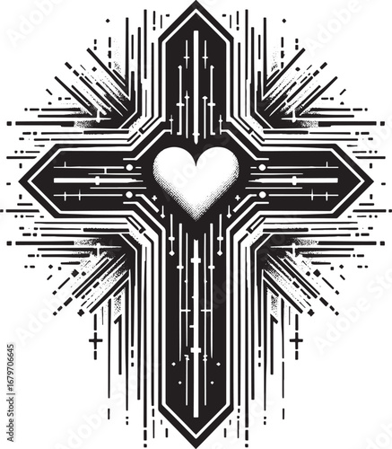 Intricate Cross Design Featuring a Heart, Symbolic of Faith and Technological Integration