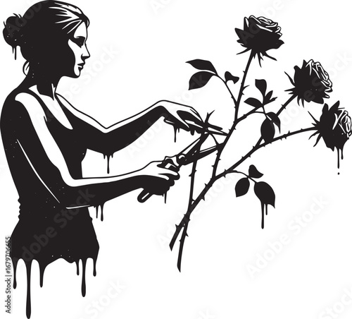 Monochrome artistic illustration of a woman pruning roses with d