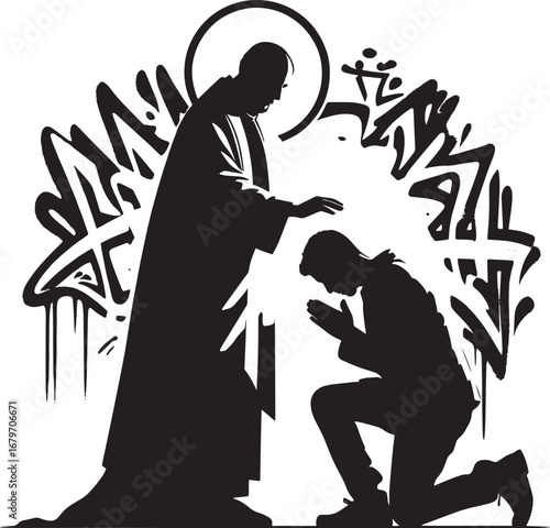Silhouette of Jesus Blessing a Kneeling Man with Graffiti Backdrop Representing Modern Faith