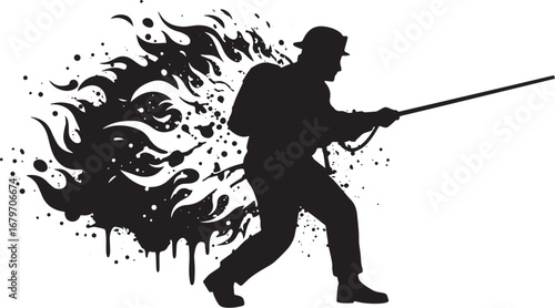 Silhouette of determined fireman battling intense flames with fo