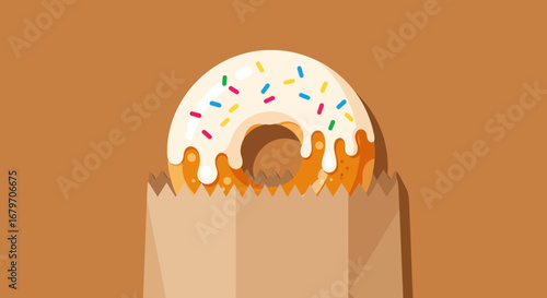 Delicious donut with sprinkles in a brown paper bag, a sweet dessert treat