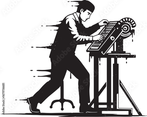 Monochrome conceptual artwork of a focused man operating an old