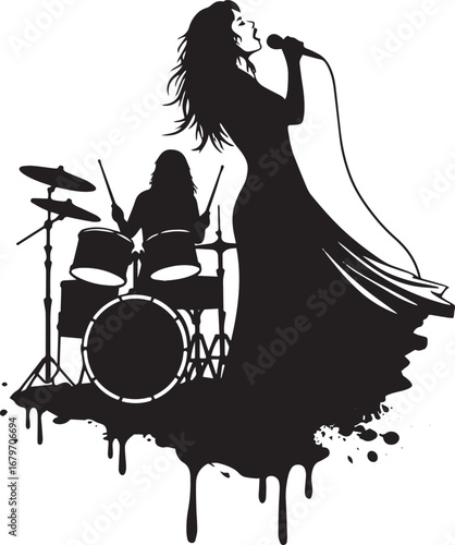 Monochrome performance illustration featuring a vocalist and dru