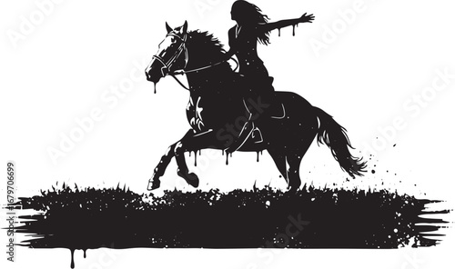 Dynamic Silhouette of a Woman Riding a Horse through a Wheat Fie