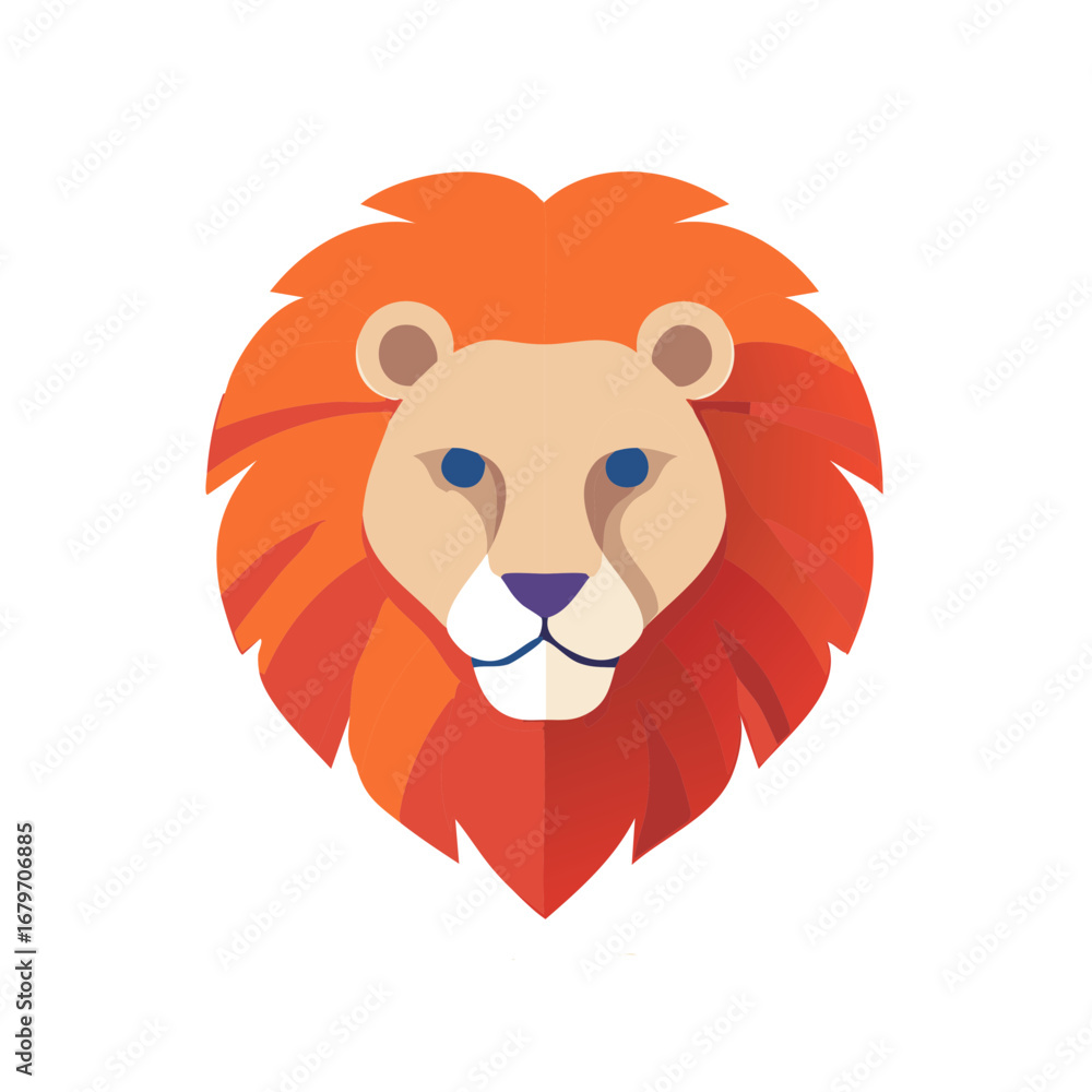 Fototapeta premium Stylized lion head illustration with vibrant orange mane and blue eyes