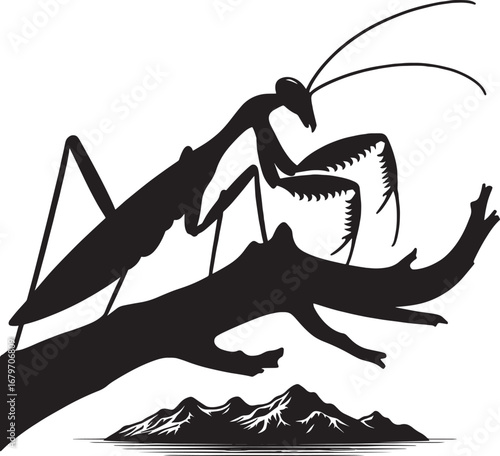 Silhouette of a Praying Mantis Perched on a Branch with Mountain Background in Black and White