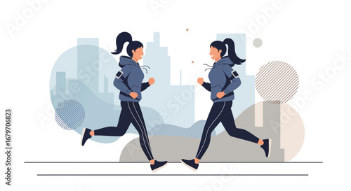 Dynamic Female Athletes Running Together Enjoying City Fitness And Morning Activity Illustration