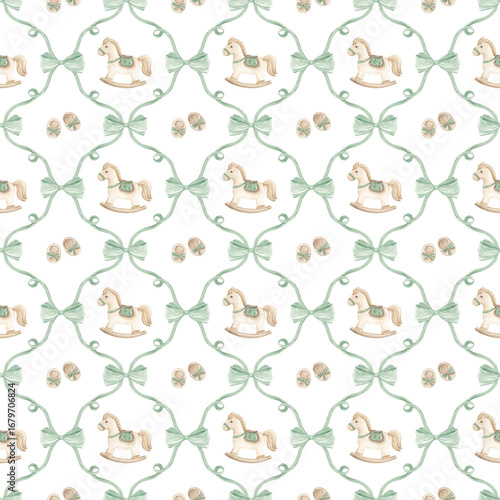 Canvastavla Vintage Bows Watercolor Pattern, Toys Pattern, Cute Beige Bows Pattern, Cute Nursery Toys Print, Boho Pattern, Use for Printing Textiles