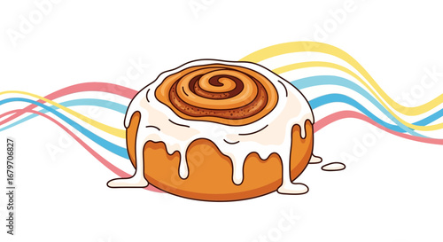 Delicious Glazed Cinnamon Roll on a White Backdrop with Pastel Colored Wavy Lines