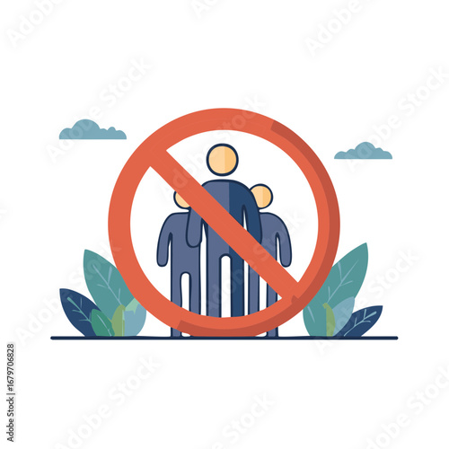 No group gathering allowed prohibition sign with stylized people and nature elements
