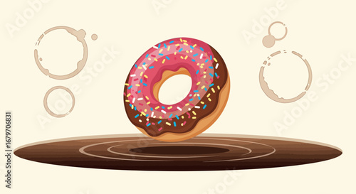 Delicious Glazed Donut Floating Above Artistic Coffee Stains on Beige Background