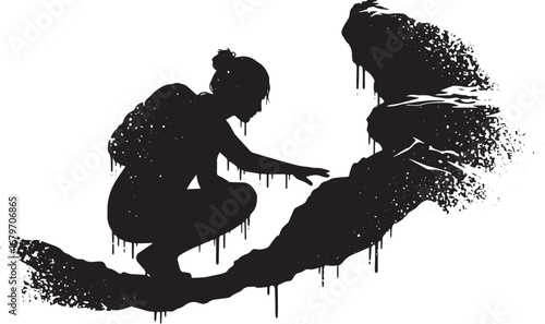 Abstract depiction of a climber in silhouette reaching for a roc