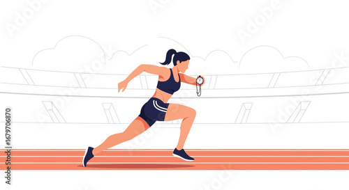 Dynamic Female Runner Sprinting Towards Goal On A Track, Maintaining Speed, Striving For Success