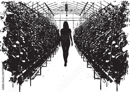 Solitary figure walking through a flourishing tomato greenhouse