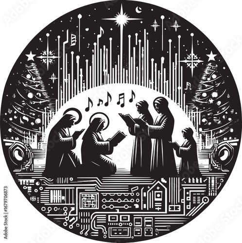 Illustration of a Christmas Carol Service Combined with Technology and Circuitry inside a Circle