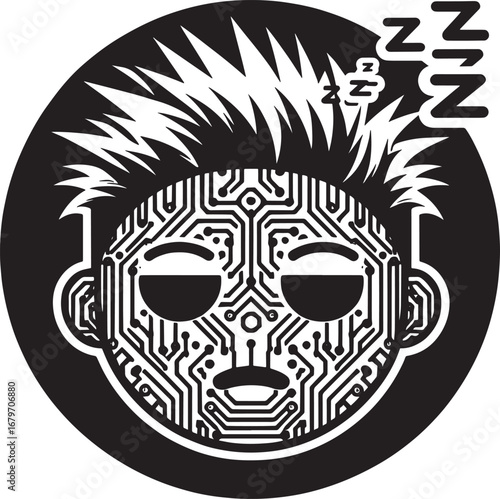 Illustration of a sleeping robot head with a circuit board design and spiky hair in a black circle
