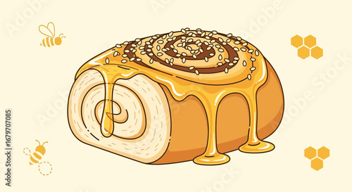 Delicious Honey-Glazed Cinnamon Roll Delight with Bees and Honeycomb Illustration